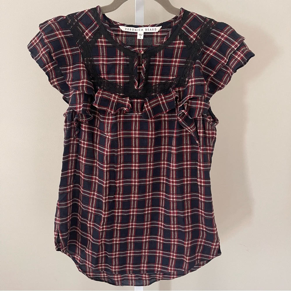 Veronica Beard Plaid Ruffle Lace Trim Top Size 6